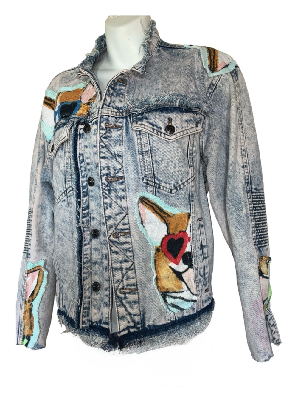 'Ragamuffin Couture" Corgi Denim Jacket L. Don't look now but it's watching you!